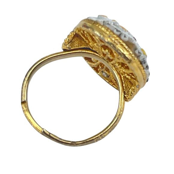 Vintage Daisy Flower Adjustable Ring Enamel Gold Tone Filigree Oval Statement - Picture 5 of 10